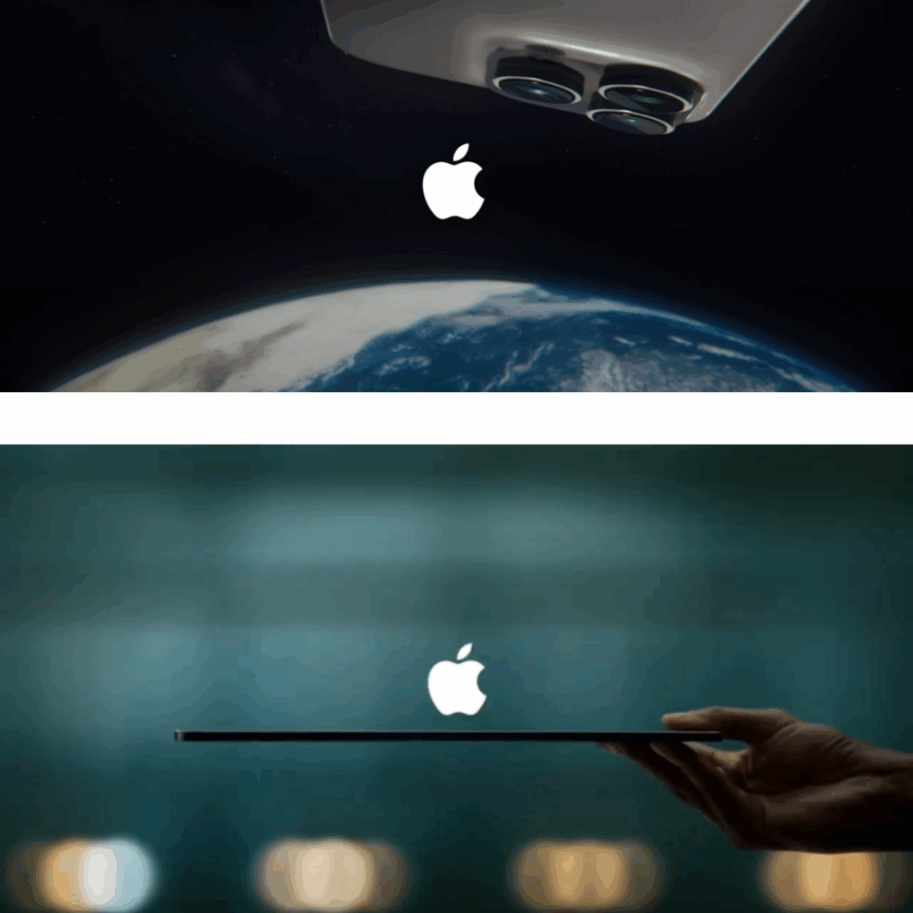 Questa parte dell'immagine trasmette un senso di grandezza e innovazione, mettendo in evidenza il legame tra la tecnologia di Apple e la visione globale. La presenza della Terra suggerisce che i prodotti Apple sono utilizzati su scala planetaria e che la loro tecnologia è rivoluzionaria.