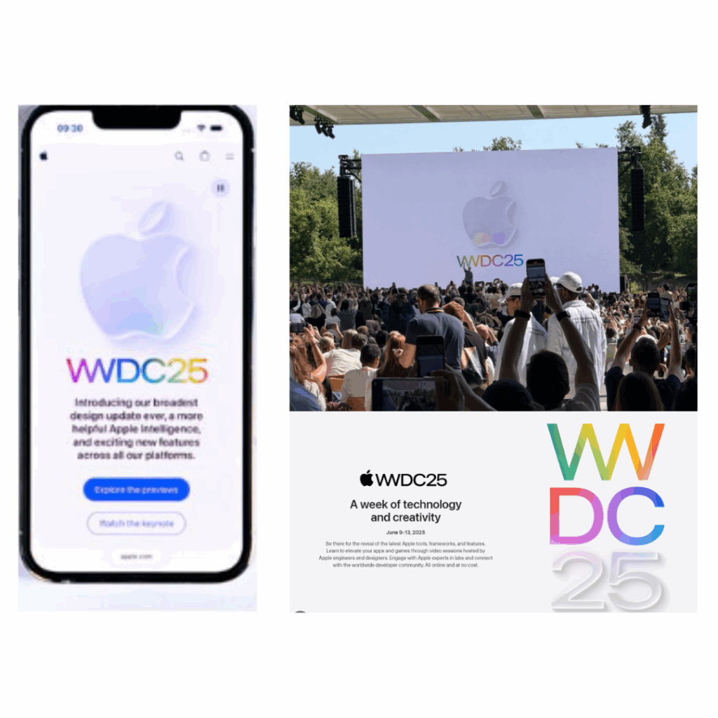 Evento WWDC 2025 (Worldwide Developers Conference), uno dei momenti chiave per Apple nel mondo della tecnologia. L'immagine si compone di tre sezioni principali, ciascuna delle quali contribuisce a trasmettere un messaggio di grandezza , innovazione e visione globale.