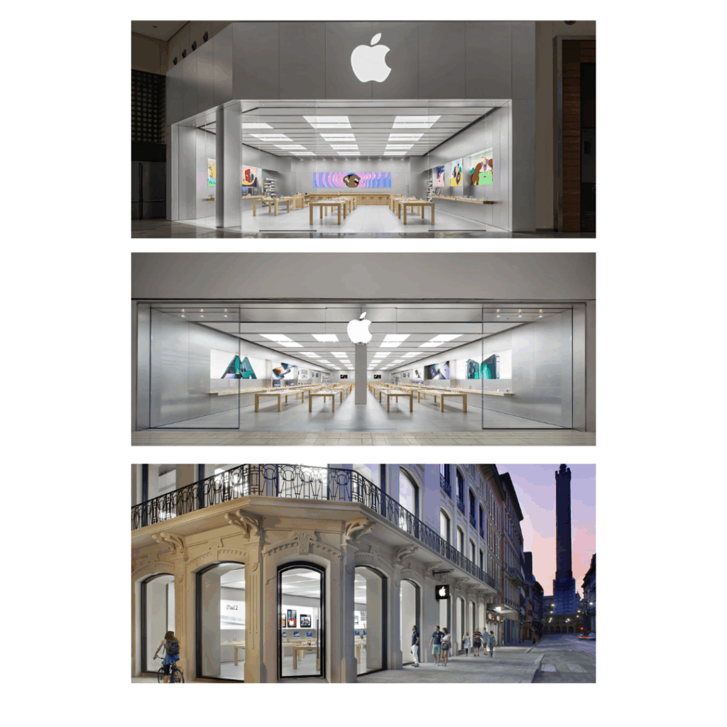 Questa vista enfatizza la trasparenza e l'apertura del negozio. Il vetro permette ai potenziali clienti di intravedere l'interno prima di entrare, creando curiosità e interesse. L'illuminazione interna suggerisce che il negozio è sempre pronto ad accogliere i visitatori, indipendentemente dalle ore del giorno.