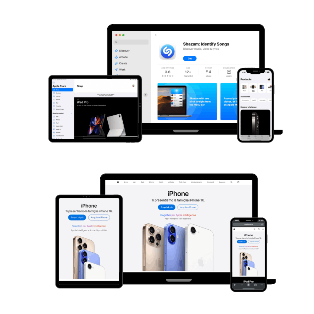 Questa immagine rappresenta perfettamente il concetto di ecosistema integrato di Apple , dove ogni dispositivo lavora in armonia per fornire un'esperienza fluida e coerente. Apple comunica chiaramente come i suoi prodotti siano progettati per integrarsi perfettamente, indipendentemente dalla dimensione dello schermo o dal tipo di dispositivo utilizzato.